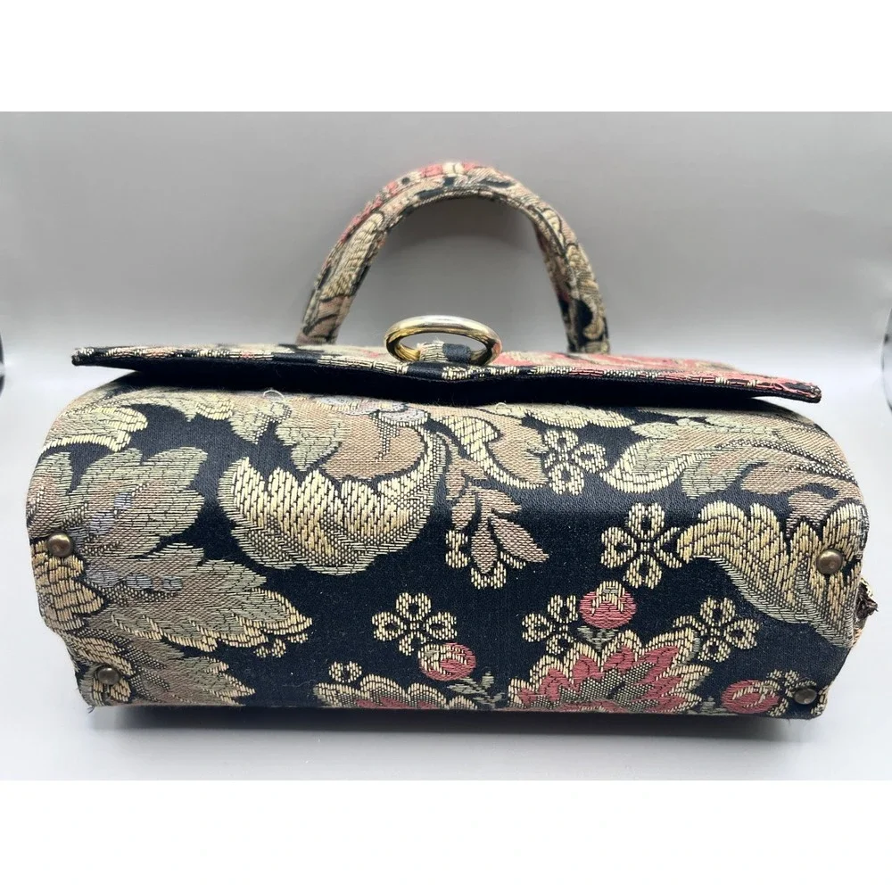 Vtg Floral Tapestry Handbag‎ Gold Ring Top Handle Brocade Satchel Black 6